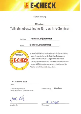 Teilnahmebestätigung E-Check Info-Seminar