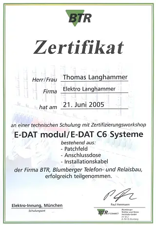Zertifikat E-DAT modul E-DAT C6 Systeme