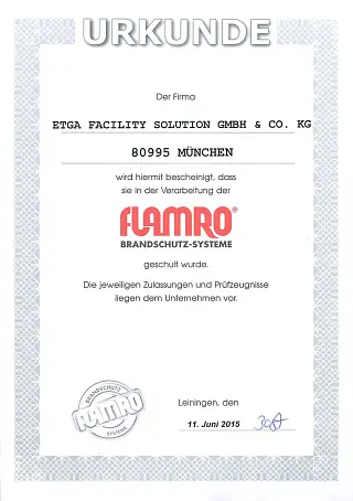 Urkunde Verarbeitung der flamro® Brandschutz-Systeme