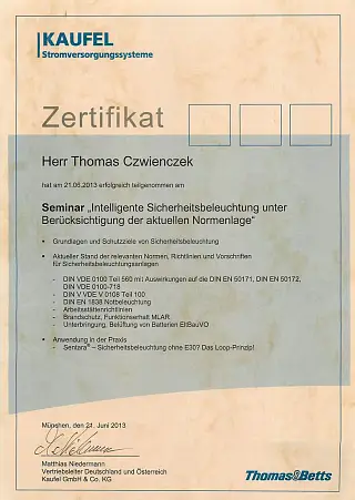 Zertifikat "Intelligente Sicherheitsbeleuchtung unter Berücksichtigung der aktuellen Normlage"