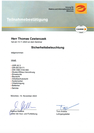 Teilnahmebestätigung Seminar Sicherheitsbeleuchtung