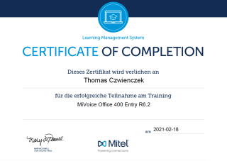 Teilnahmezertifikat Training MiVoice Office 400 Entry R6.2