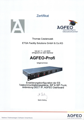 Zertifikat Seminar AGFEO-Profi
