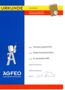 ETGA Facility Solution GmbH & Co.KG München Agfeo-Zertifikat