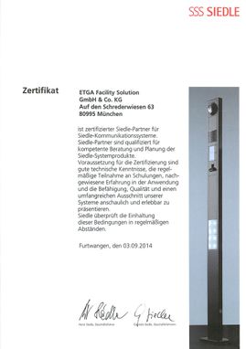 ETGA Facility Solution GmbH & Co.KG München Siedle-Urkunde